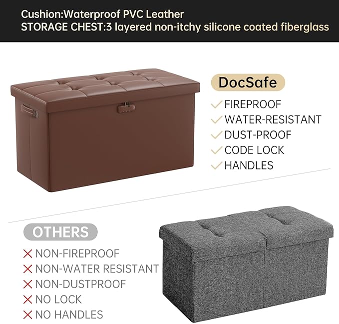 DocSafe Storage Ottoman Bench with Lock,Fireproof 30 Inches Folding Bench Foot Rest Stool Storage Chest Safe for Living Room,Bedroom,Home Office,Waterproof Leather Ottoman with Handles,Brown-NeatNest