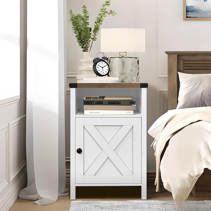 Farmhouse Nightstand, Side Table, End Table with Barn Door and Shelf, Modern Bed Side Table End Table, Rustic Nightstands Set for Bedroom, Living Room, White