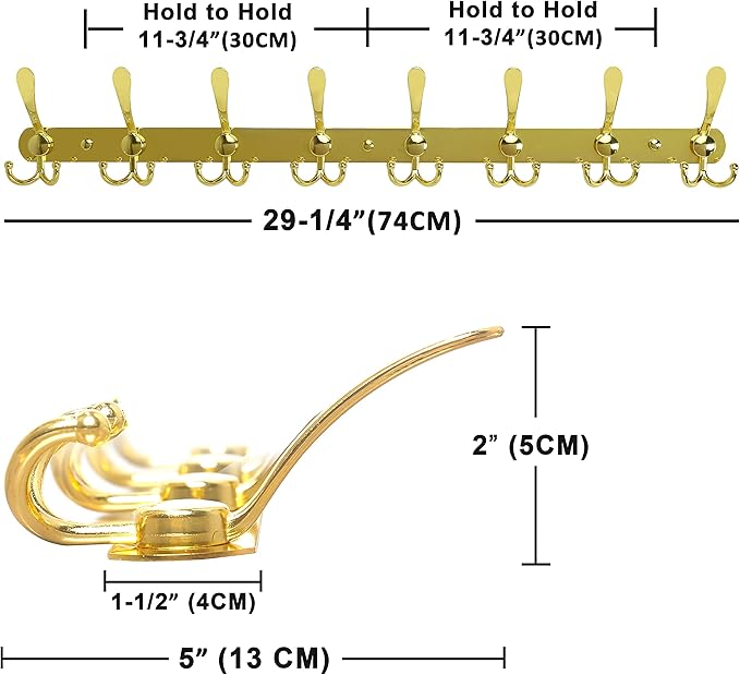 Dseap Coat Rack Wall Mount - 29.5” Long 8-Tri-Hooks Heavy Duty Coat Hanger Rail Wall Hooks for Hanging Coats Hats Clothing Clothes Purse Mudroom Entryway, Gold-NeatNest