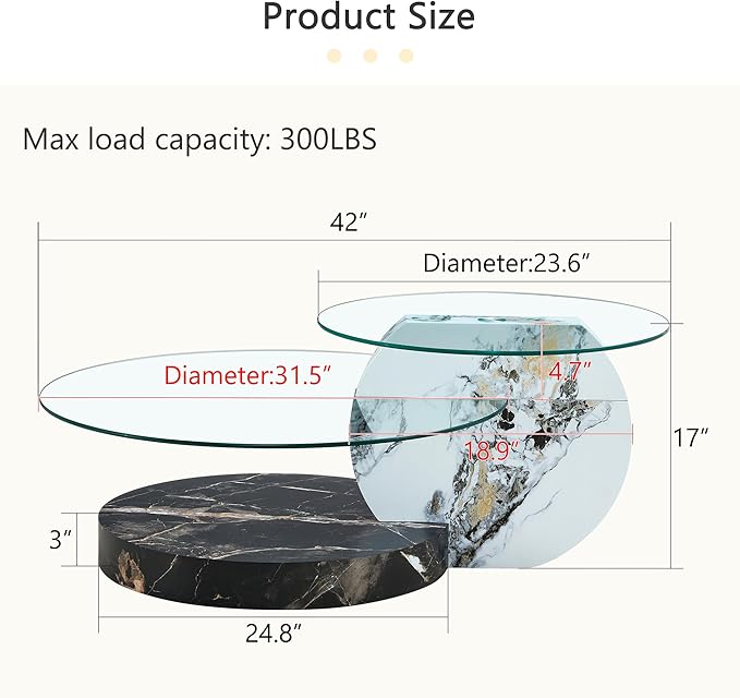 Glass Coffee Tables Round Coffee Tables for Living Room Modern 3 Tier Round Table Circle Coffee Table for Small Space Home Office (42 Inch White+Black)