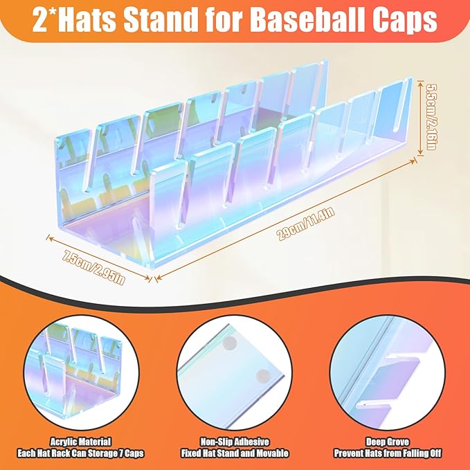 Hat Stand for Baseball Caps, 2 Pack No Install Acrylic Hat Organizer for 14 Baseball Caps Storage Organizer, Hat Racks Hat Holder Display and Organization for Closet, Bedroom, Dresser (Colorful-2Pack)-NeatNest