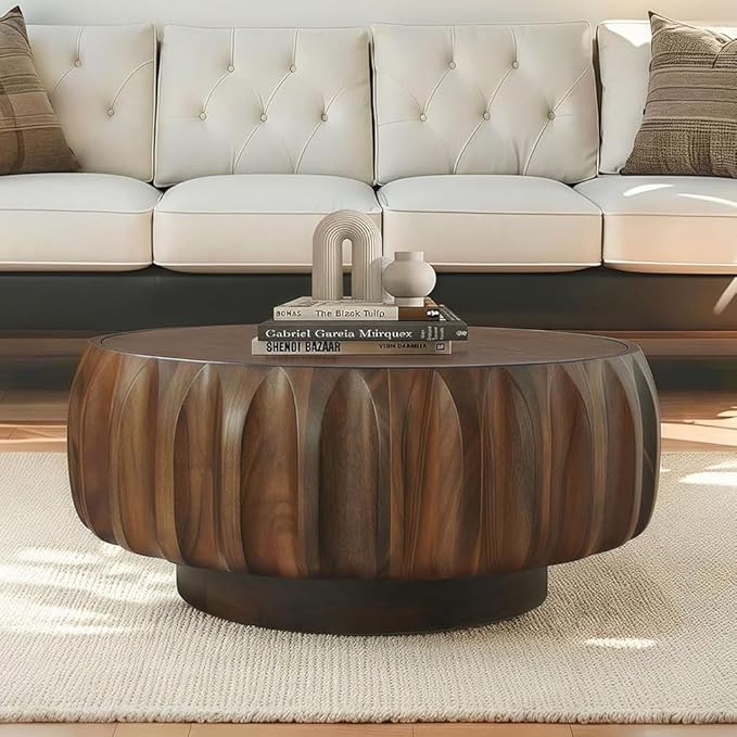 31.5'' Round Drum Coffee Table Farmhouse Rustic Solid Wood Coffee Table Circle Pedestal Center Table Accent Tea Table for Living Room Apartment Office Retro Walnut