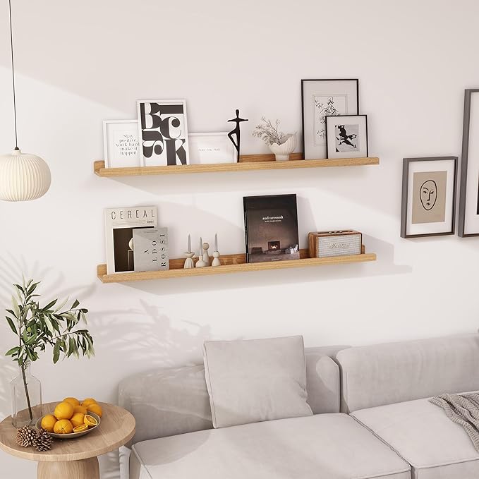 Floating Shelves for Wall 48 Inch | Picture Ledge Shelf Set of 2 | Solid Ash Wood Floating Shelves with Lip | Natural Wood Picture Shelf for Wall with Ledge | Photo Ledge Shelves-NeatNest