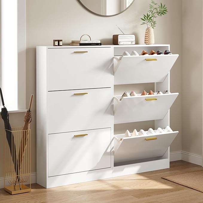 Shoe Cabinet Storage for Entryway, Shoe Cabinet with 3 Flip Drawers, White Modern Shoe Organizer Wood, Freestanding Small Thin Shoe Racks with Doors, White-NeatNest