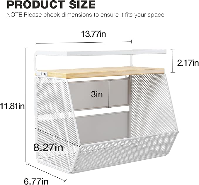 Magnetic Shelf for Fridge with Wide & Thick Magnet, 2 Pack Refrigerator Organizer Basket with Bamboo Top, Storage for Fruit, Potato, Onion, Kitchen, Pantry, Laundry (White, 13.8" x 6.8" x 11.8")