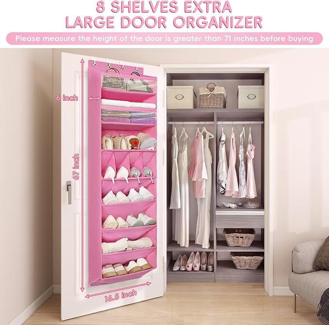 FENTEC 1 Pack 8 Shelves Over The Door Shoe Organizer,68" Exlarge Deep Pockets Hanging Shoe Organizers, Shoe Rack for Closet, Shoe Holder for Boots,Over Door Organizer in Home, RV, Dorm, Pink-NeatNest