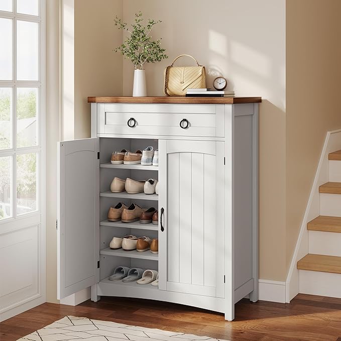 DWVO 5-Tier Shoe Storage Cabinet, Farmhouse Shoes Rack Cabinet with Adjustable Shelf, 43" Tall Shoe Organizer with Drawer & Doors for Entryway Hallway Living Room Closet (White)-NeatNest