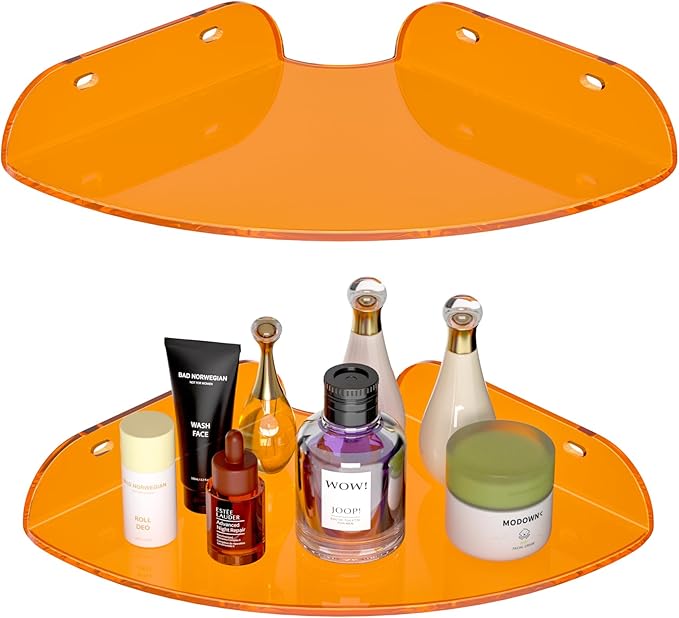 7x7 Inch Corner Shelf Wall Mount Set of 2, Orange Acrylic Corner Floating Shelves, Corner Wall Organizer Shelf for Bathroom, Kitchen, Bedroom, Living Room, Dining Room, Office