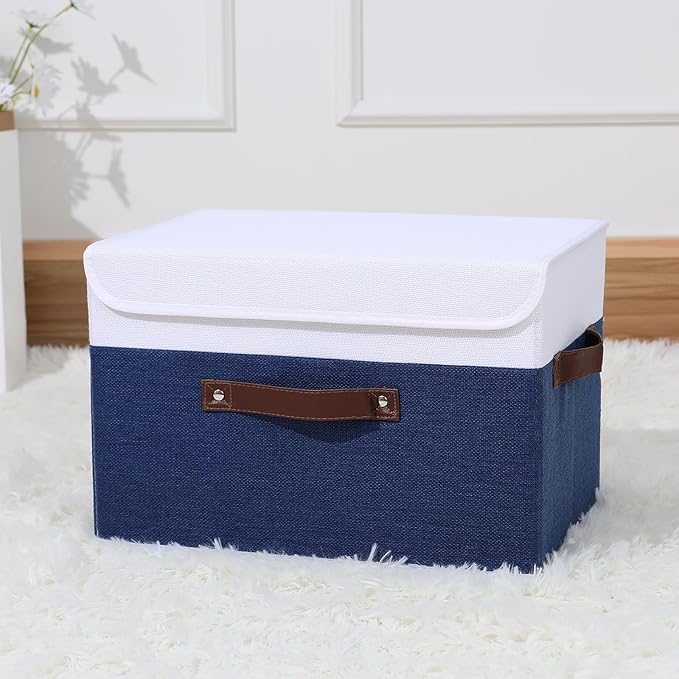 ANMINY Storage Boxes with Lids Washable Decorative Storage Bins Basket with PU Leather Handle Foldable Linen Fabric Storage Cubes Containers for Home Closet Organizer - Deep Blue White, Large Size-NeatNest