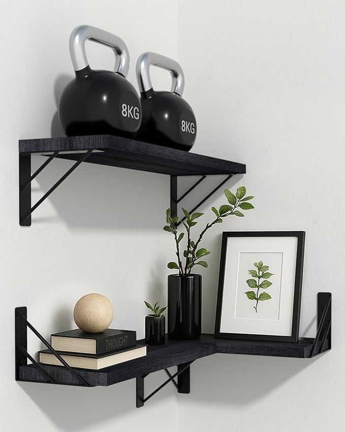 BAYKA Wall Shelves for Bedroom Decor, Floating Wall Shelves for Living Room Kitchen Storage, Wall Mounted Rustic Wood Floating Shelves for Kids Books, Corner Shelves for Bathroom, Office(Set of 3)-NeatNest