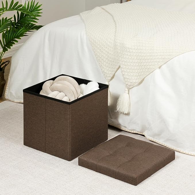 B FSOBEIIALEO Storage Ottoman Cube, Toy Chest Folding Footrest for Living Room Seat, 12.6"X12.6"X12.6" (Linen Brown)