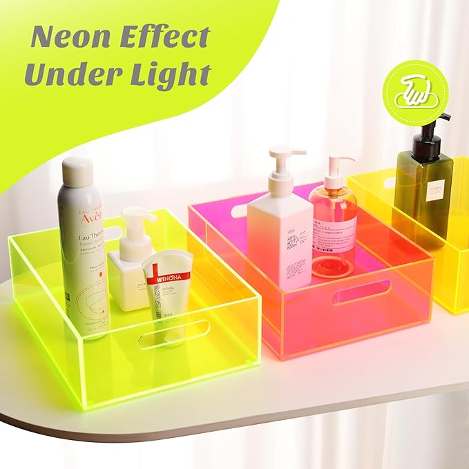 Acrylic Storage Bin Pantry Storage Container with Handles Kitchen Organizer Bin for Cabinet Cupboard Organization, Heavy Duty, 12.6 x 9.4 x 4'', Neon Green
