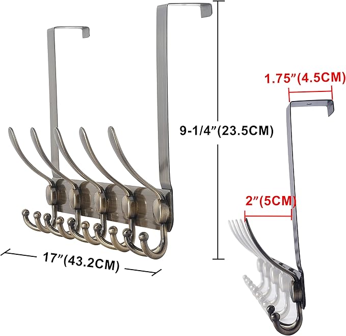 Dseap Over The Door Hook Hanger - 5 Tri Hooks, Heavy Duty Over The Door Towel Rack Coat Rack for Clothes Hat Towel, Bronze, 2 Packs