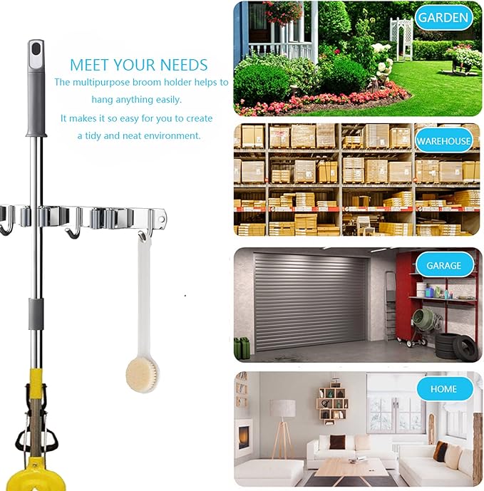 Mop and Broom Hanger Wall Mount, stainless steel Broom Hook Organizer Wall Mounted, Heavy Duty Mop Holder Storage Rack - 3 Racks 4 Hooks for hanging brooms and mops-NeatNest