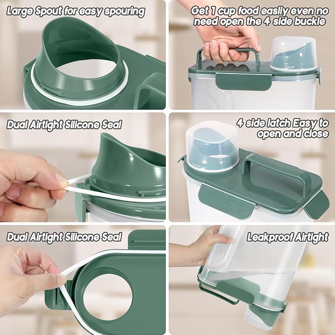 Dog Food Storage Container, Upgraded Large Nozzle BPA-free, 8-12 LBS Plastic Pet Food Storage Containers, With 4 Sealed Clasps, 1 Measuring Cup and Handle (2, Green+Dark Green, 5L)-NeatNest