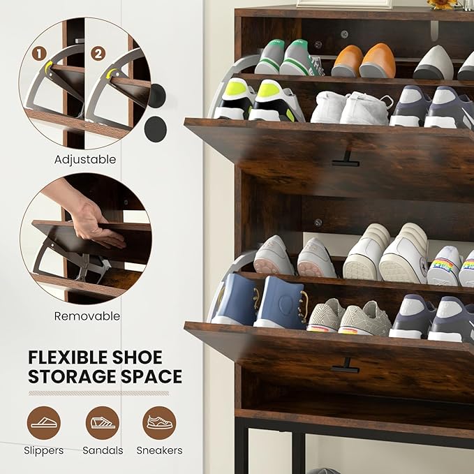 LOKO Industrial Shoe Storage Cabinet, Freestanding Shoe Organizer with 2 Flip Drawers, Adjustable & Removable Interior Shelves, Narrow Shoe Rack Cabinet for Entryway, Hallway, Rustic Brown-NeatNest