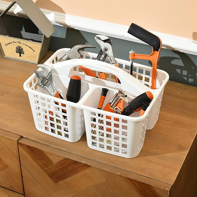 3 Compartments Plastic Shower Caddy Basket, Portable Divided Cleaning Supply Storage Organizer with Handle (White)-NeatNest