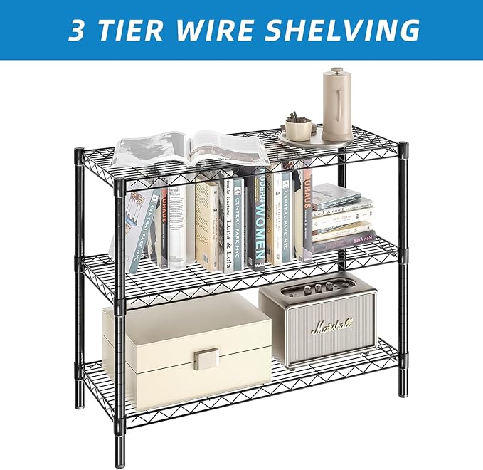 3-Shelf Adjustable Metal Shelf Wire Shelving Unit Storage Rack Display Shelf for Office,Kitchen,Bedroom,Bathroom,Laundry,Pantry Basement,Garage(Black,36" L x 14" W x 30" H)