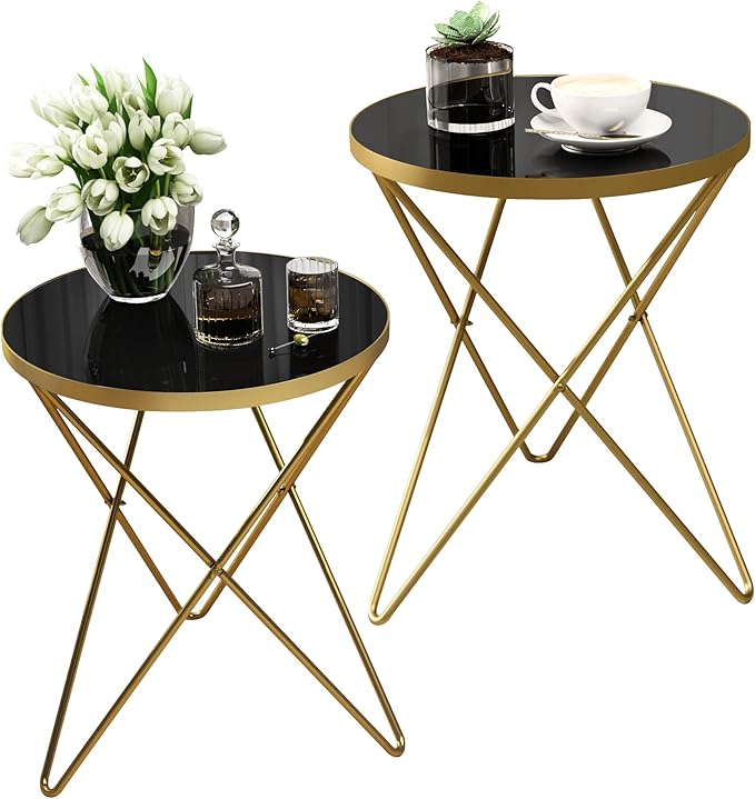 HLR Modern Round Side Table Set of 2, End Table with Marble Effect Top and Gold Metal Frame, Small Side Table for Living Room, Bedroom, Sofa and Couch, Gold Legs, Black Glass top