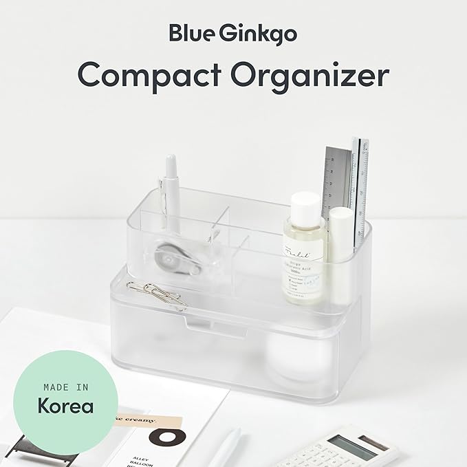 BLUE GINKGO Compact Desk Organizer – Small 5-Compartment, Half Drawer Storage – Pen Holder, Stationery Organizer for Desktop, Vanity, Shelf (Made in Korea, Transperent)-NeatNest