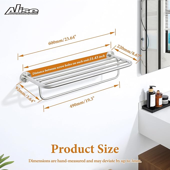 Alise 24 Inch Towel Racks for Bathroom, Foldable Towel Hanger Towel Shelf with Tower Bar, Heavy Duty Towel Holder, SUS 304 Stainless Steel Wall Mount Towel Rail, Brushed Nickel