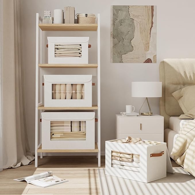 Clothes Boxes, Decorative Linen Closet Organizers Bins, Blanket Baskets for Shelves with Lids, Storage Cubes with Handles, 17.7 x 11.8 x 11.8 inch, White, 1-Pack-NeatNest