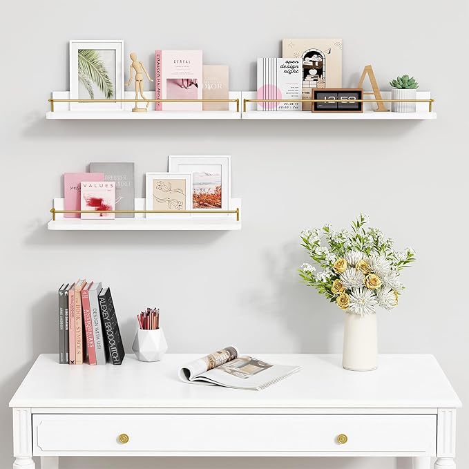 Forbena Gold Floating Shelves for Wall Decor Set of 3, Bathroom Shelves Over Toilet, Modern Display Wall Shelf with Guard Rail for Living Room Bedroom Organizers and Storage - White and Gold-NeatNest