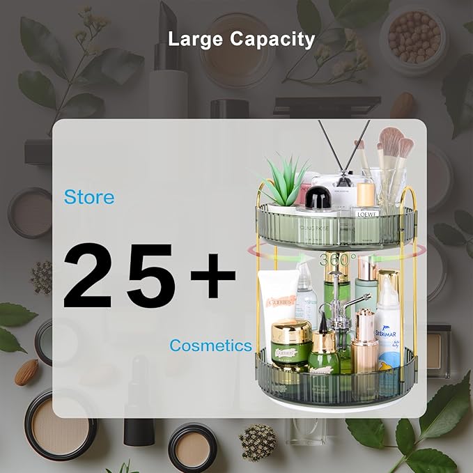 360 Rotating Makeup Organizer - Large Capacity Spinning Perfume & Cosmetic Skincare Holder for Vanity & Countertop (Gem Green, 2 Tier)-NeatNest
