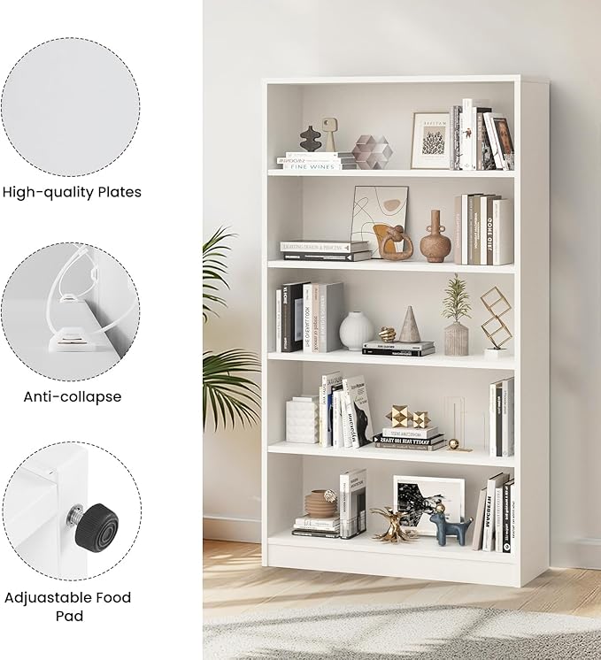 Farini 60 Inch Tall 5-Shelf Bookcase, Wood Bookshelf Storage Organizer Adjustable Shelf for Home Office, Study Room, Easy Assembly,White