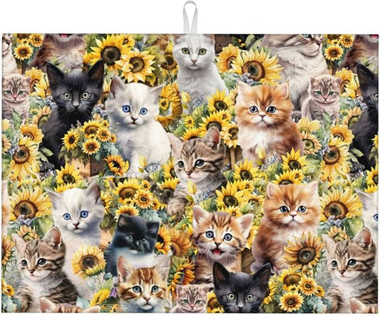 Cute Cat Dish Drying Mat 18 x 24 Inch for Kitchen Counter Cute Kitchen Mat Microfiber Kitchen Countertop Absorbent Reversible Drainer Rack Pad Dish Drying Mat-NeatNest