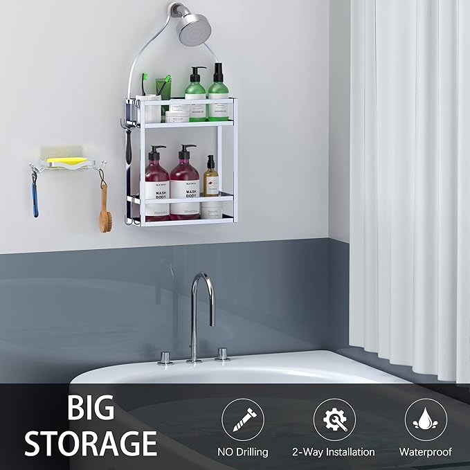 Meangood Shower Caddy Organizer with Soap Holder, Mounting Over Shower Head Or Door, Extra Wide Space for Shampoo, Conditioner, and Soap with Hooks for Razorsand More, Matte Silver