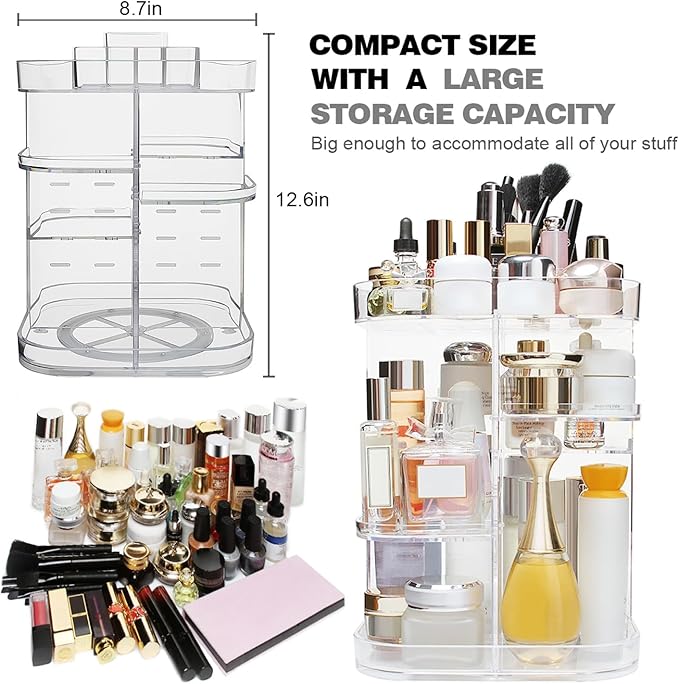 AMEITECH 360-Degree Makeup Organizer, DIY Adjustable Rotating Cosmetic Storage Carousel Spinning Holder Storage Rack with 5 Layers Large Capacity, Best for Countertop, Square