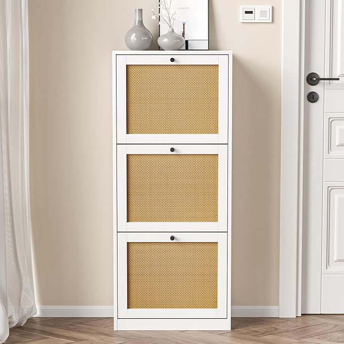 Rattan Shoe Cabinet with 3 Flip Drawers,Narrow Shoe Rack Cabinet with Adjustable Shelves,3 Tier Shoe Storage Organizer for Hallway,Entrance,White-NeatNest