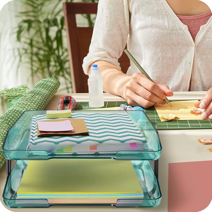Acrimet Traditional 2 Tier Letter Tray, Front Load Design, A4 Letter Size, Desktop Organizer (Plastic) (Clear Green Color)-NeatNest