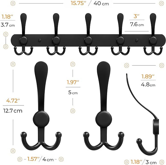 Coat Rack Wall Mount with 5 Tri Hooks, Stainless Steel 16 Inch – Black Matte Finish, Heavy Duty Wall Mounted Hook Rack for Coats, Hats, Towels, Scarves, Robes, Bags, Entryway & Bathroom - 2 Pack-NeatNest