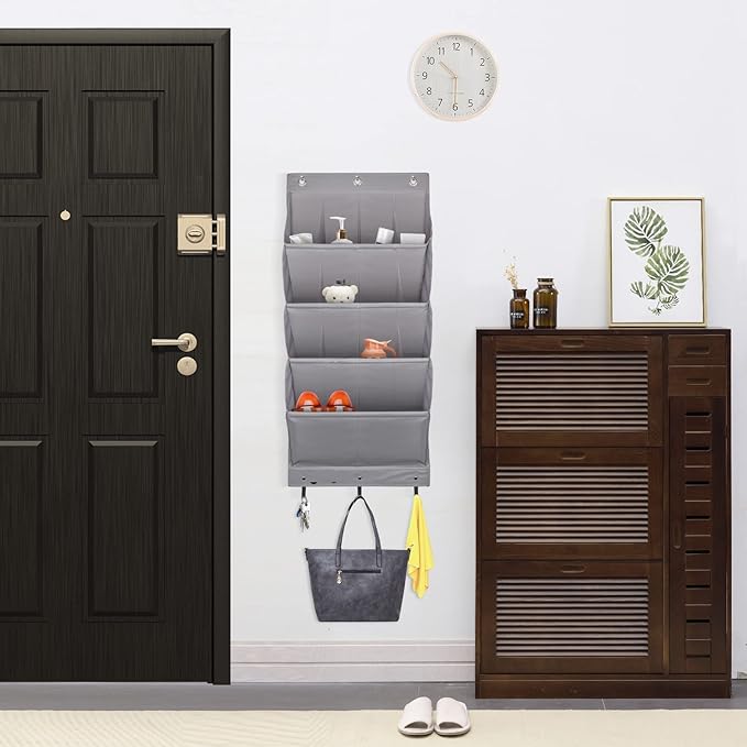 FENTEC 2 Pack Over the Door Shoe Organizer, Hanging Shoe Organizer Rack,24 Large Pockets and 4 Larger Storage Various Compartments with 6 Hooks, Home Accessories, Grey-NeatNest