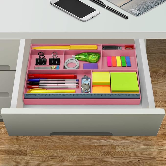 Acrimet Desk Drawer Organizer Tray with 8 Compartments – Multi-Purpose Bin for Office Supplies, Makeup, and Accessories – Fits inside Drawers or Desktops, 12.75" x 8" x 1.06" (Plastic) (Pink Color)-NeatNest