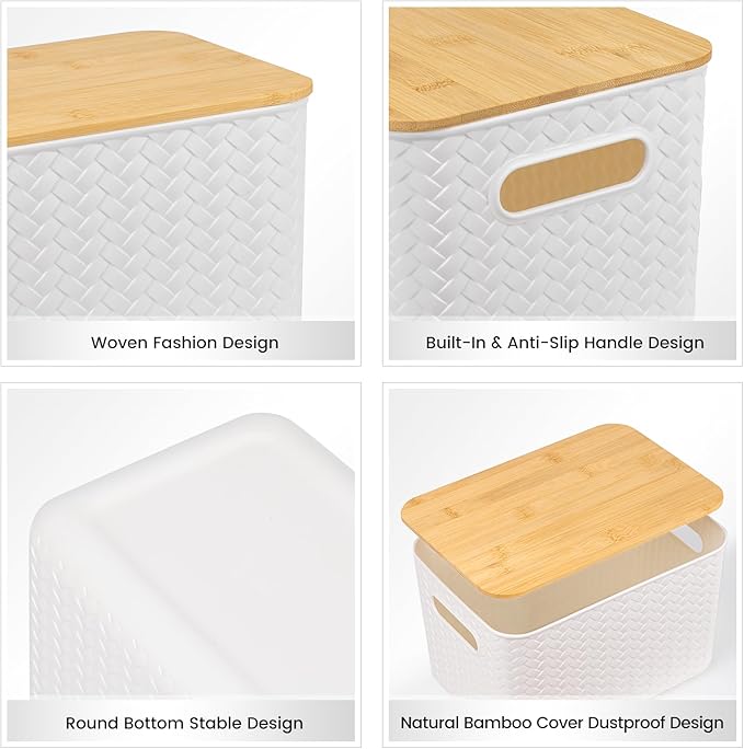 4 Packs Storage Bins with Bamboo Lids - Plastic Storage Containers with Lids Stackable Storage Box:Storages Baskets for Organizing Desktop Closet Playroom Classroom Office,White