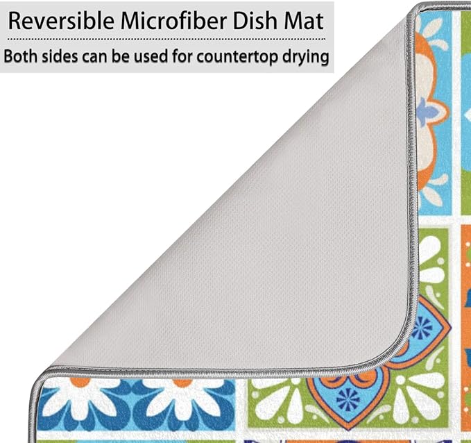 Dish Drying Mat for Kitchen Counter - Absorbent Microfiber Drying Rack Pads Reversible Dish Pad Draining Mats for Countertop Coffee Mats,18x24 inch(Mexican Talavera)