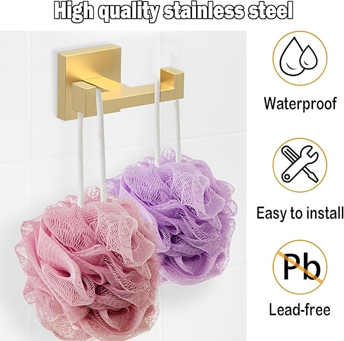 BOZWELL Double Towel Hooks for Bathroom Light Brushed Gold Wall Mount,2 Pack Modern Square Style Coat Robe Hook,Stainless Steel Heavy Duty Door Hanger for Bathroom Bedroom Kitchen Hotel Pool 1502-G-2