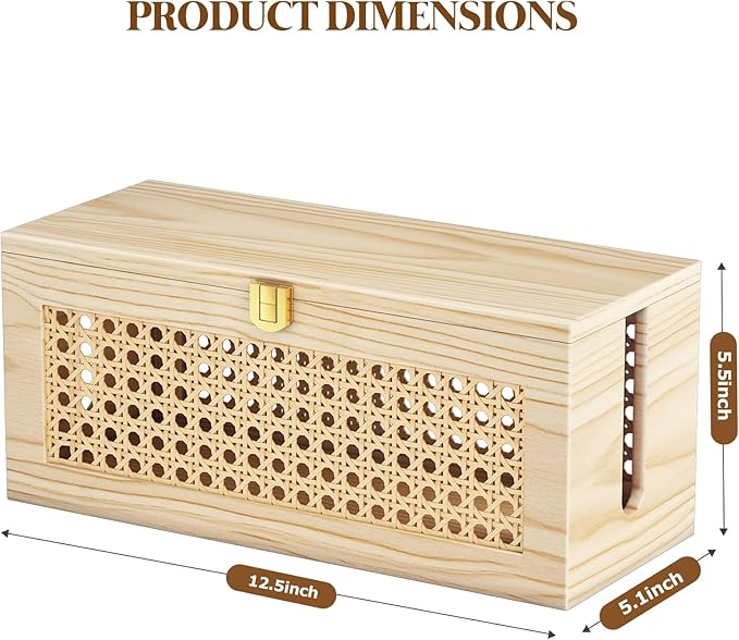 Cable Management Box, Cable Organizer Box Safe for Kids and Pets, 2 Open Slots Cords Hider Box for Power Strips, Computer Router, USB Hub 12.5" x 5.1" x 5.5", Natural
