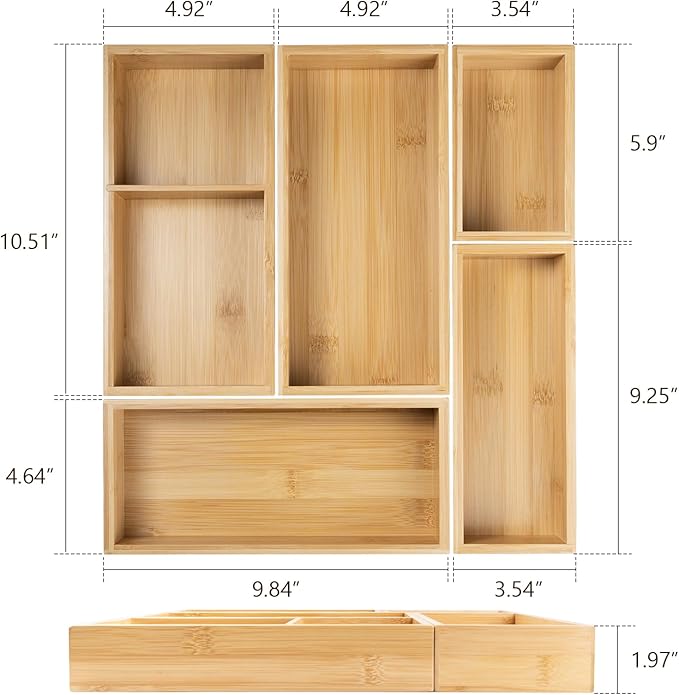 Bamboo Drawer Organizer Set, 5-PCS Adjustable Kitchen & Office Drawer Organizers, Multipurpose Storage Trays for Utensils, Makeup, Jewelry, Bathroom & Desk Accessories-NeatNest