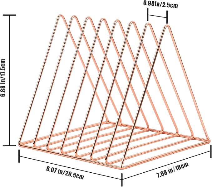 COSYAWN Triangle 7 Slot Vinyl Record Holder, Anti-Rust Metal Magazine Album Display Rack Desktop File Sorter Organizer, Paper Letter Newspaper Storage for Home Office, Rose Gold 2 PACK