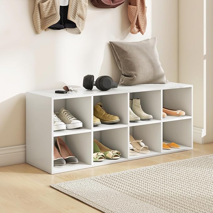 LOKO 8-Cubby Shoe Storage Bench, 40” Entryway Bench with Storage, 500 LBS Loading Capacity, Multifunctional Shoe Rack Organizer, Bed End Bench for Bedroom Living Room Hallway Mudroom (White)