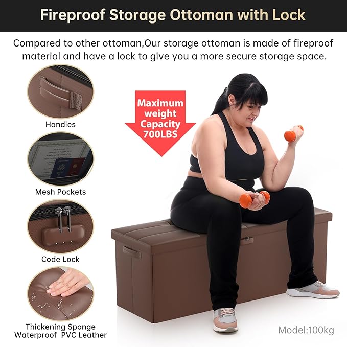 DocSafe Storage Ottoman Bench,Fireproof&Waterproof Folding Bench with Lock(15”x 43”x15”),Leather Storage Chest with Handles&2 Extra Boxes,Ottoman Safe for Bedroom,Living Room,Home Office,Brown-NeatNest