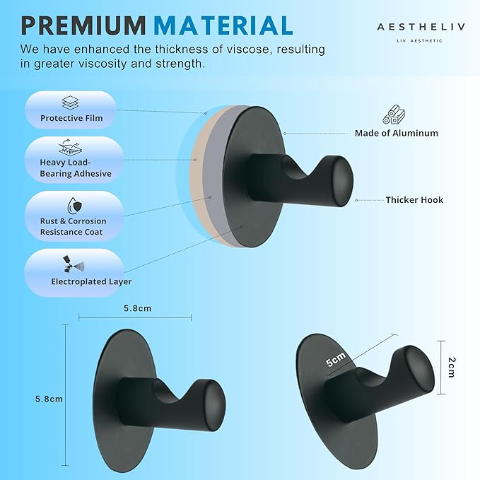 Adhesive Hooks for Hanging - 4 Packs, Sticky Hooks for Bathroom, Bedroom, Kitchen, Hotel, Office, Rust- restiant Adhesive Hook for Walls No Damage (Upto 15LBS)