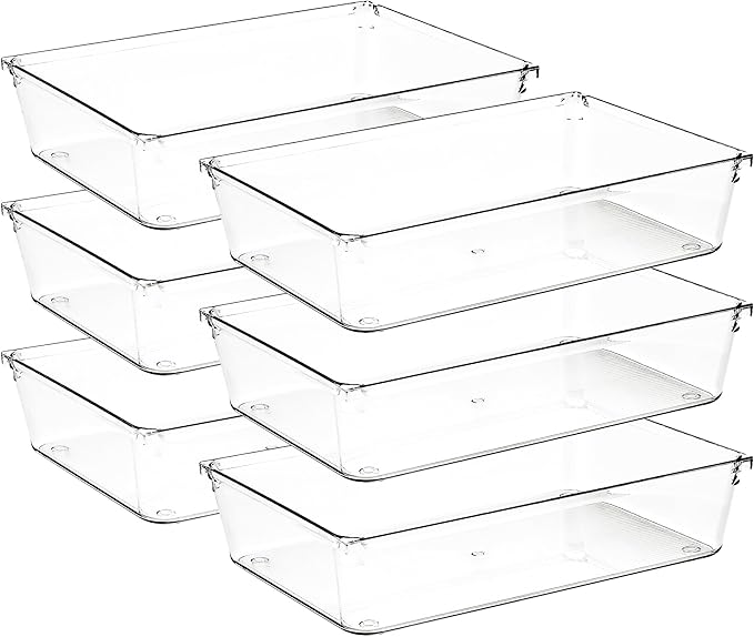 6 Pack Drawer Organizer - 6" X 9" Clear Acrylic Storage Bins with Non-Slip Pads, Versatile Desk Tray for Makeup, Jewelry, Kitchen, Bathroom, and Office Organization-NeatNest