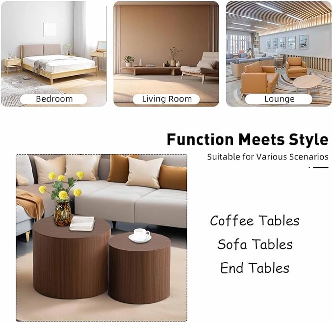 Modern Round Wooden Nesting Circle Coffee Table Set of 2 with Non-Slip Feet, Accent Side End Table, Saving Space Design and No Need Assembly,D