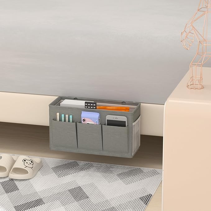 Dual-purpose Bedside Caddy Bedside Organizer, Bed Caddy with 6 Pockets, Versatile Bedside Storage Solution Magazine Remotes holder, ideal for Home, Dorm, Hospital, Crib Bed (Grey)-NeatNest