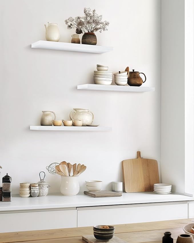 BAYKA Floating Shelves for Wall, 22.5 inches Wall Mounted Rustic Wood Shelves for Bathroom, Bedroom, Living Room, Floating Shelves for Books/Storage/Decor (White,Set of 3)-NeatNest